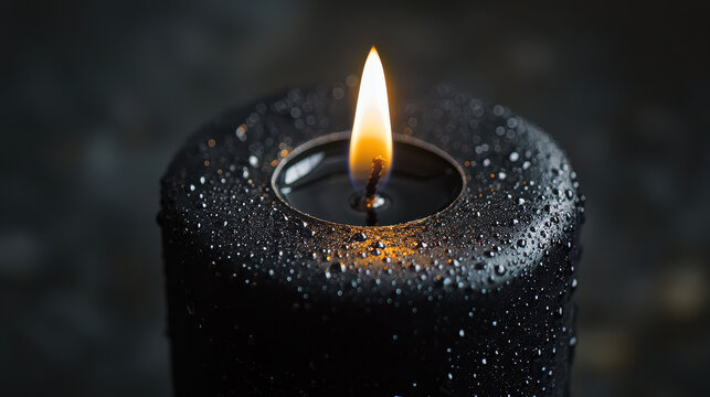 A black candle with water droplets burns softly in a dark setting, creating a calming and serene mood, enhanced by the glistening droplets and gentle candle flame.