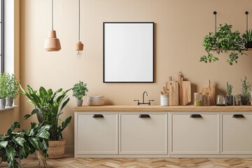 Minimalist Kitchen interior with Poster Mockup created with Generative AI