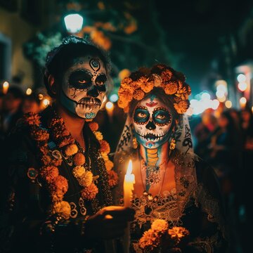 LGBTQ couple dressed as Catrinas holding a candle during Day of the Dead procession