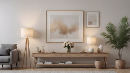 A modern living room with a sofa set and featuring vertical poster frames in wooden frame borders on the wall mock-up 3d illustration template.