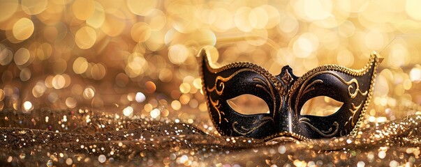 Elegant black and gold masquerade mask with gold sequins and bokeh background.