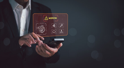 Concept of warning or notification, AI security system, error warning sign,businessman showing warning about using artificial intelligence Ai technology to access malicious software or online threats
