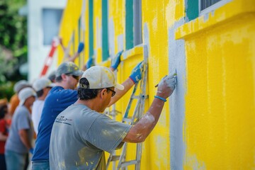 A man paints a yellow wall with a brush, with a group of people watching in the background.