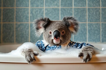 Adorable Koala Relaxing in Bubble Bath Wearing Pajamas