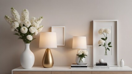 A modern living room with featuring vertical poster frames in wooden frame borders on the wall mock-up 3d illustration template.