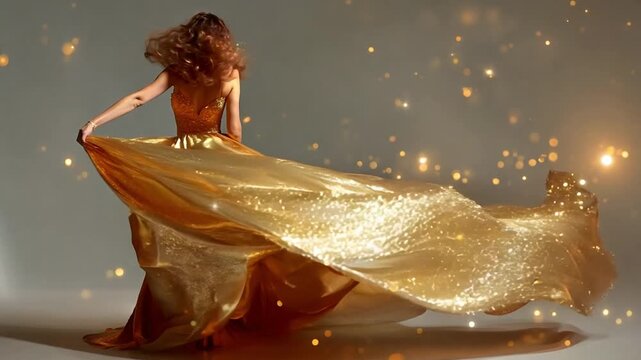 Gorgeous girl with curly hair and a golden glitter dress. Gold long gown on a fashion model. Gorgeous Woman Dressed as an Ancient Greek Queen