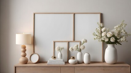 A modern living room with featuring vertical poster frames in wooden frame borders on the wall mock-up 3d illustration template.
