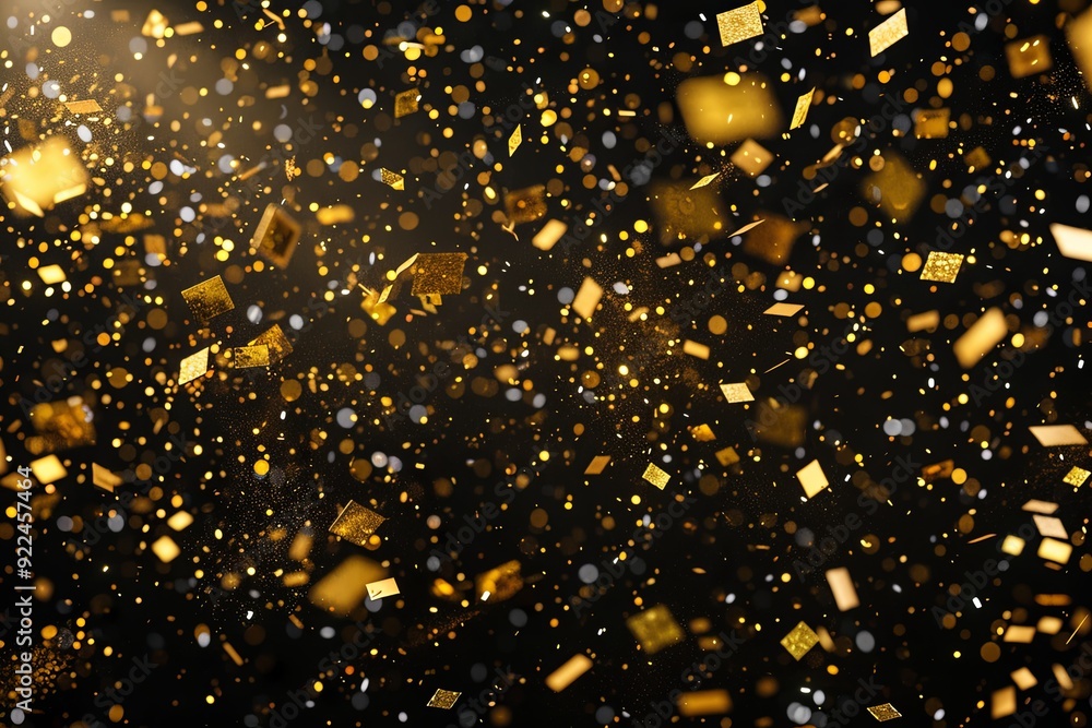 Poster abstract background with falling gold confetti and bokeh lights.