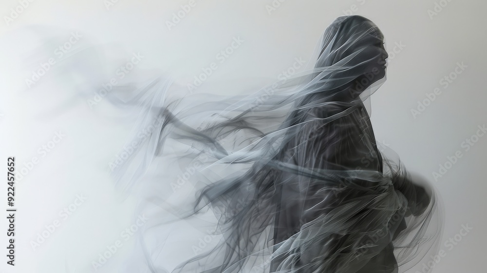 Poster A person wrapped in translucent fabric flows elegantly, creating a mesmerizing visual effect against a plain background
