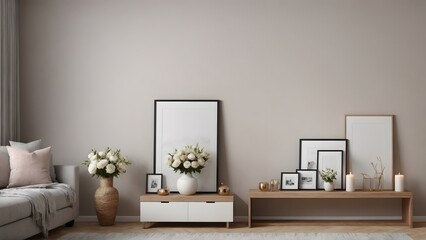 A modern living room with a sofa set and featuring vertical poster frames in wooden frame borders on the wall mock-up 3d illustration template.