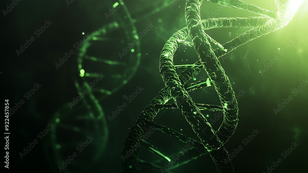 Poster illuminated green double helix on gradient background in high detail 8k resolution