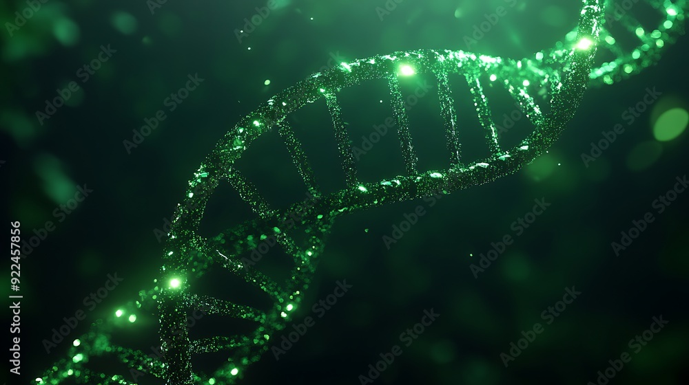 Poster glowing green double helix on shadowy gradient background in high detail 8k resolution
