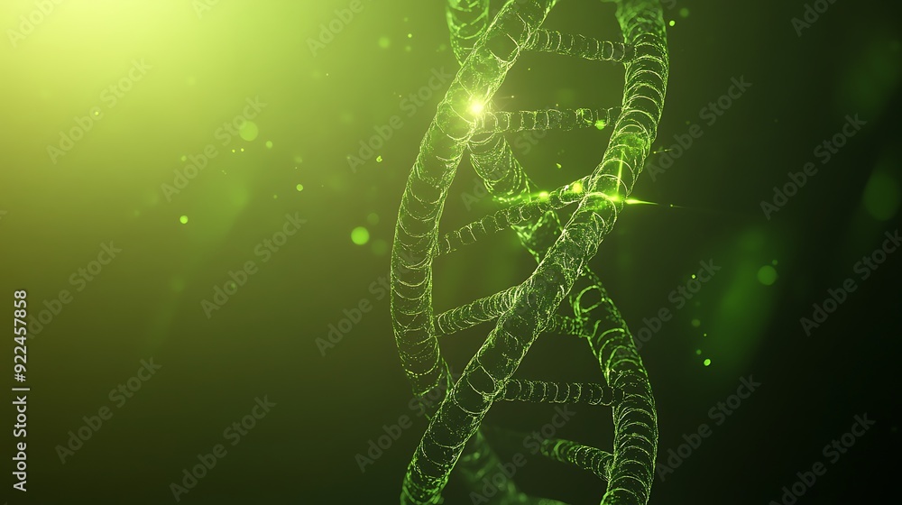 Poster illuminated green double helix on gradient background in high detail 8k resolution