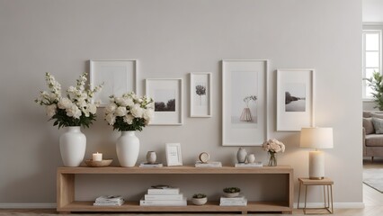 A modern living room with featuring vertical poster frames in wooden frame borders on the wall mock-up 3d illustration template.