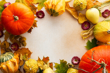 Fototapeta premium Autumn season, frame of various pumpkins and fallen leaves and chrysanthemum flowers, fall harvest, top view,copy space