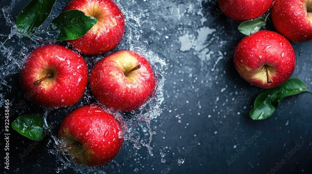 Poster fresh apples with splashes of water, from a top view. copy space on the right for text