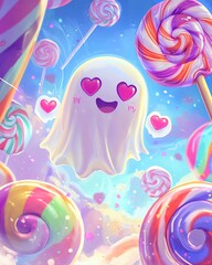 Fototapeta premium A playful ghost with heart-shaped eyes surrounded by colorful lollipops in a whimsical candyland.