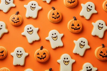 Fototapeta premium Spooky Halloween Pattern with Smiling Ghosts, Pumpkins, and Pumpkin Cookies on Orange Background, Cute Illustration