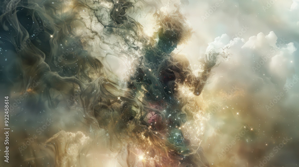 Poster a mysterious figure is partially obscured by vibrant clouds, surrounded by a celestial atmosphere fi