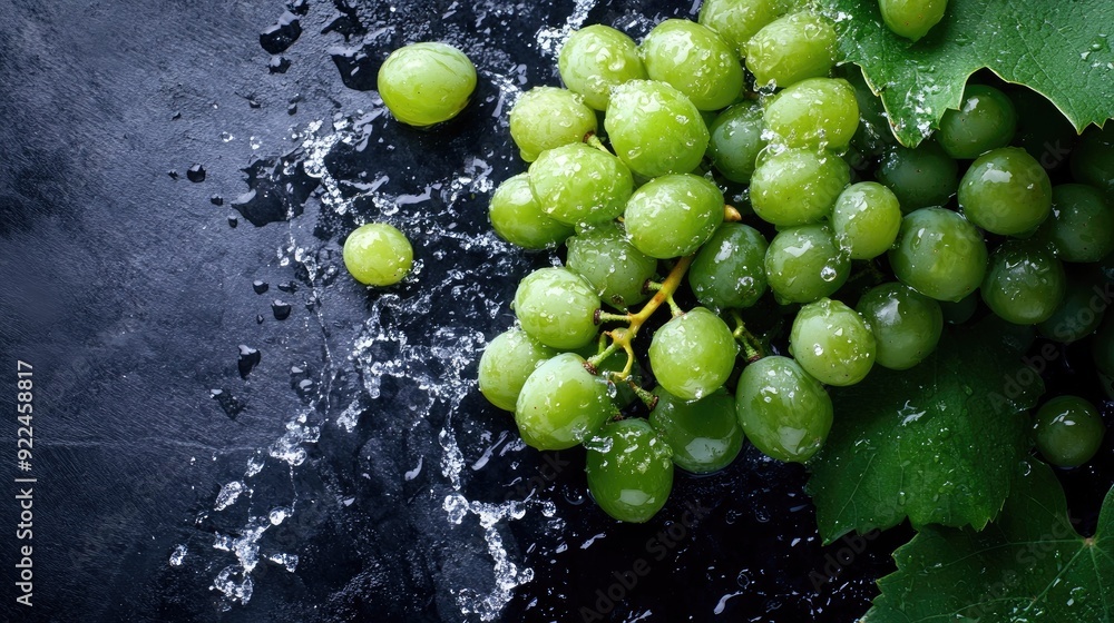 Aufkleber fresh grapes with water splashes from a top view, ideal for adding text on the right