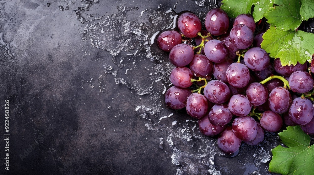 Aufkleber fresh grapes with water splashes from a top view, ideal for adding text on the right
