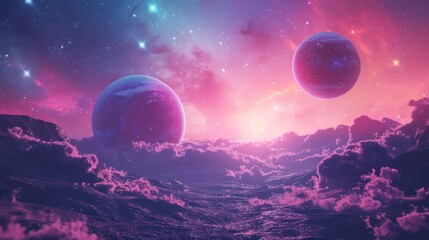 Detailed view of planets with colorful atmospheres (copy space, extraterrestrial scene, dynamic, Double exposure, Open field)