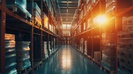 Obraz premium A bright warehouse interior with shelves filled with boxes, illuminated by warm sunlight during sunset, showcasing storage efficiency.