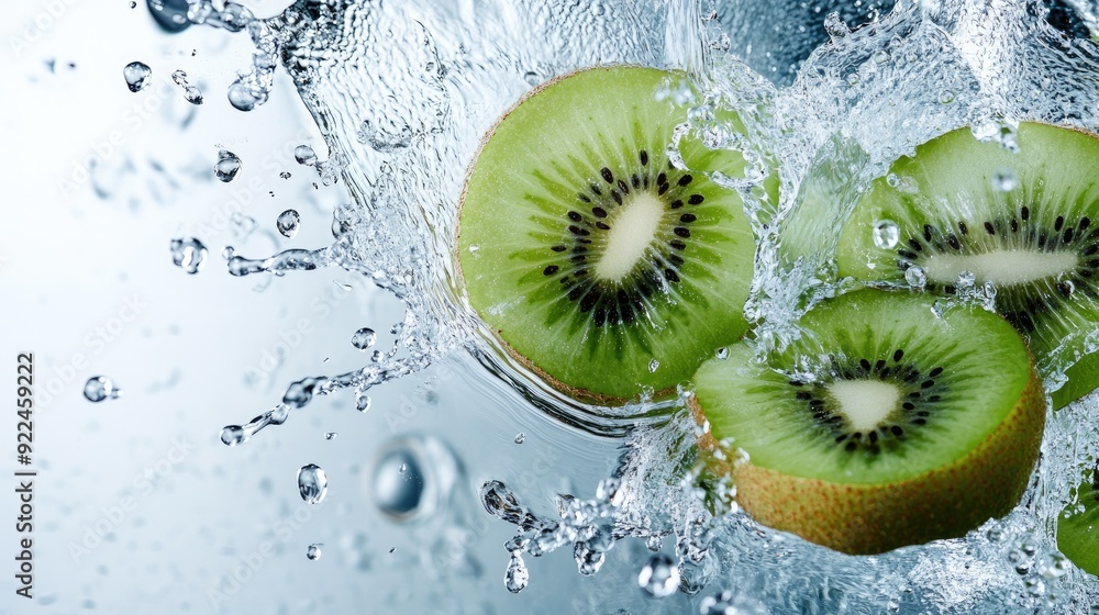 Poster fresh kiwi slices splashing in water, with ample copy space on the left for branding