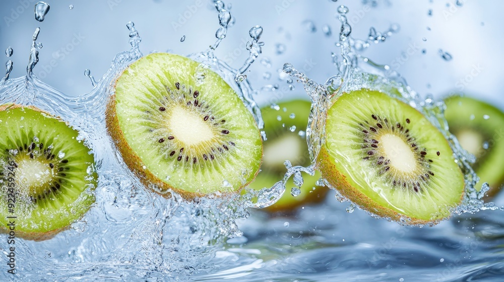 Poster fresh kiwi slices splashing in water, with ample copy space on the left for branding