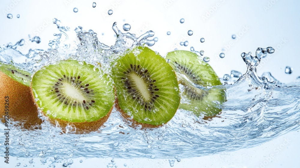 Poster fresh kiwi slices splashing in water, with ample copy space on the left for branding