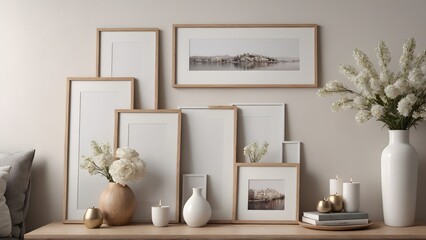 Empty photo frames on or against the wall in the Living room interior design 3d illustration template. Decorative items near around the poster frame.