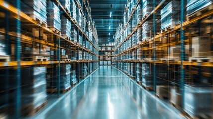 Fototapeta premium A modern warehouse interior filled with stacks of inventory. Bright lighting and organized shelving create an efficient storage space.