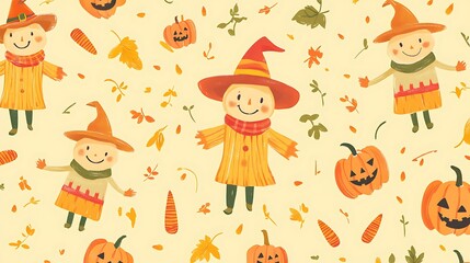 Fototapeta premium Cheerful Harvest: Whimsical Scarecrows, Cornfields, and Cookies Pattern on Soft Yellow Background, Fun Autumn Illustration