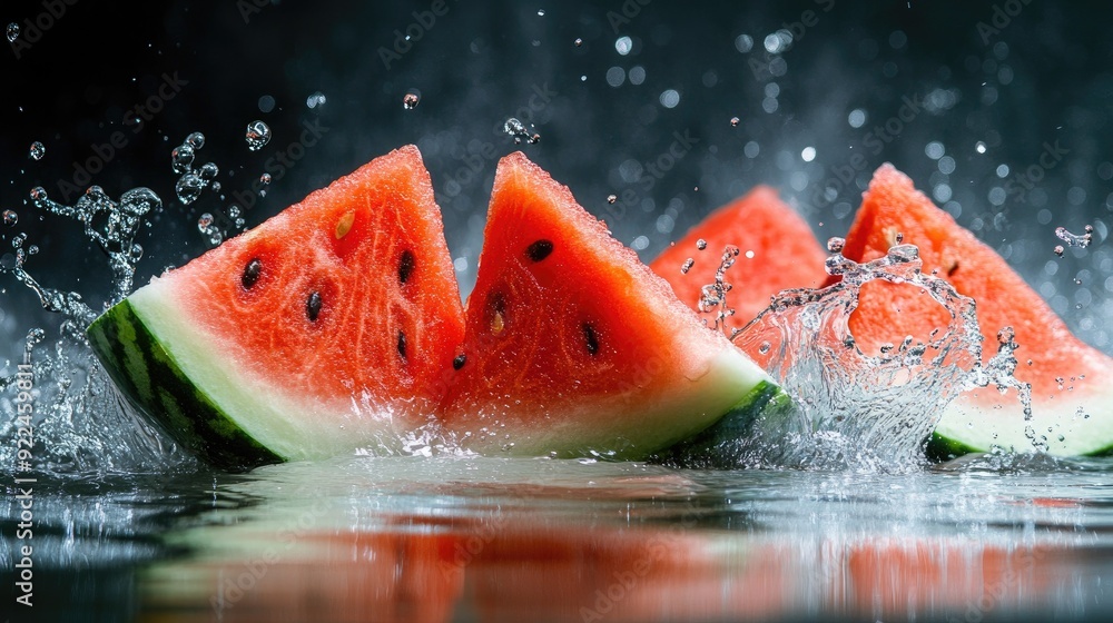 Poster fresh watermelon slices splashing in water. ideal for adding text or promotional content