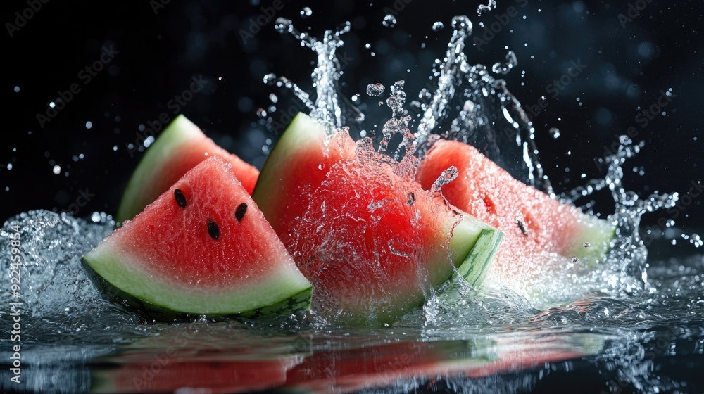Poster fresh watermelon slices splashing in water. ideal for adding text or promotional content