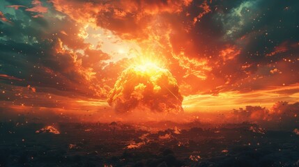 Fototapeta premium Dramatic explosion under a fiery sky (focus on, cataclysmic event, dynamic, Overlay, Ruined landscape)