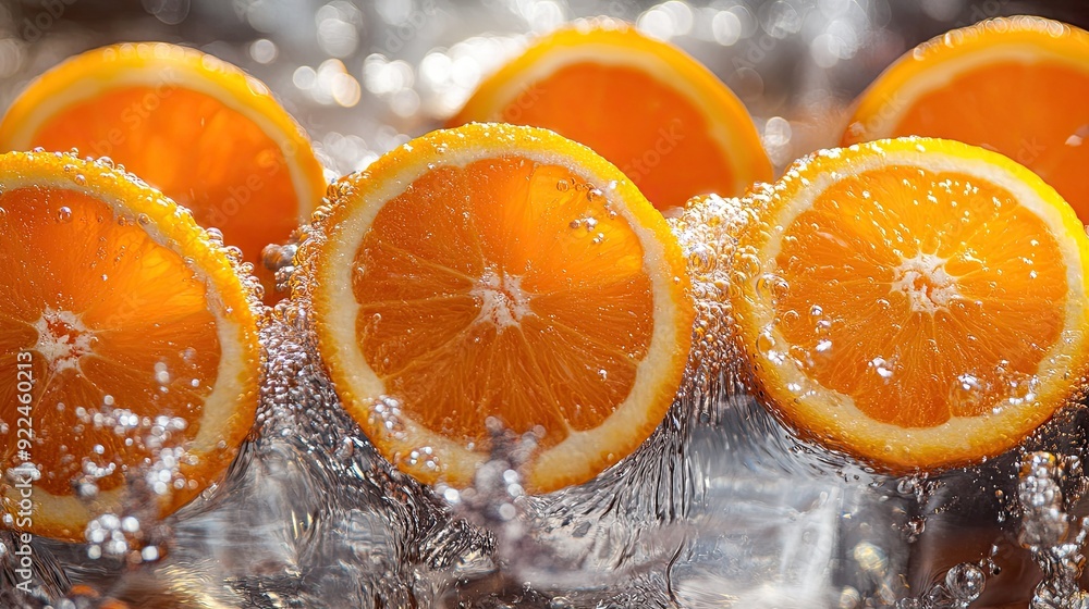 Poster freshly cut oranges with splashes of water, with copy space at the bottom for your message