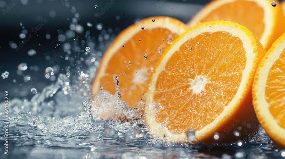 Poster freshly cut oranges with splashes of water, with copy space at the bottom for your message