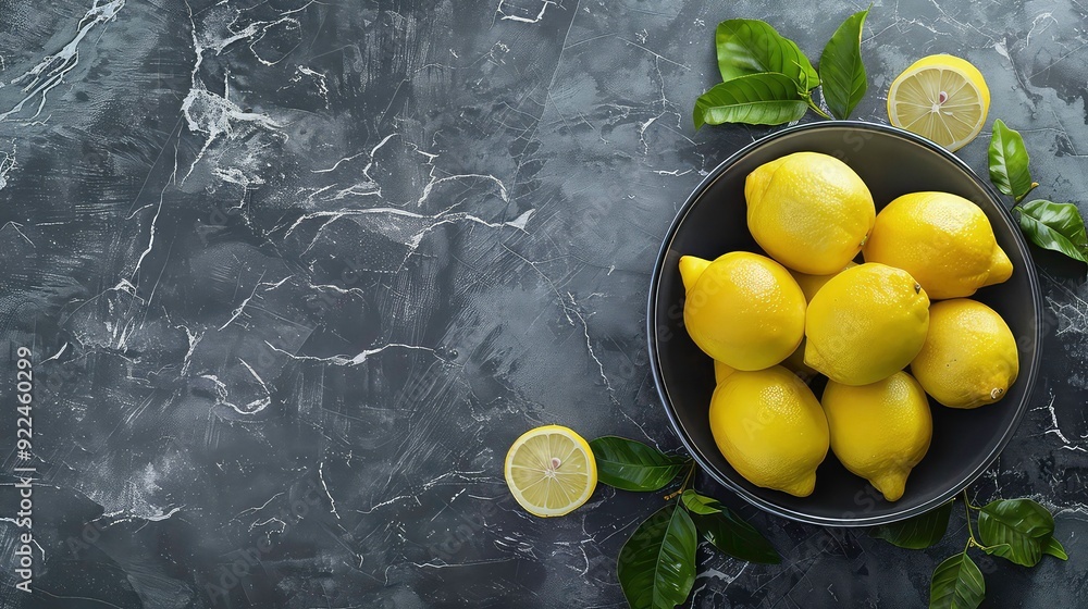 Poster a bowl of lemons on a black textured background. there is a slice of lemon on the bottom right corne