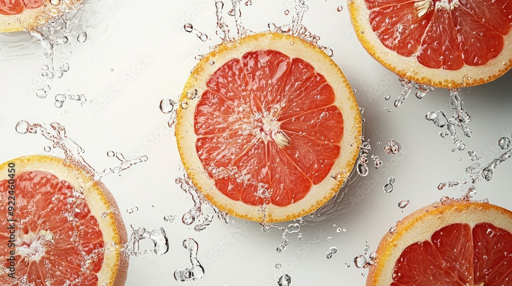 Poster grapefruit segments with water splashes from above, with copy space on the top for text