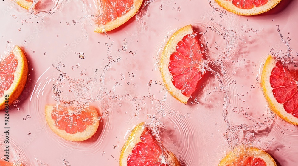 Poster grapefruit segments with water splashes from above, with copy space on the top for text