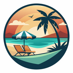 Tropical Beach Logo Vector - Cartoon Island with Palm Trees, Ocean, Beach Chairs & Summer Elements | SVG & Cricut Files