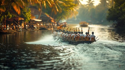 onam boat race during onam festival india, realistic minimalistic photo in warm colors