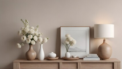 Empty photo frames on or against the wall in the Living room interior design 3d illustration template. Decorative items near around the poster frame.