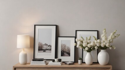 Empty photo frames on or against the wall in the Living room interior design 3d illustration template. Decorative items near around the poster frame.