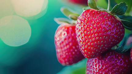 Close-up of fresh, ripe red strawberries with green leaves, capturing the vibrant colors and juicy texture of the fruit against a soft focus, dreamy background.