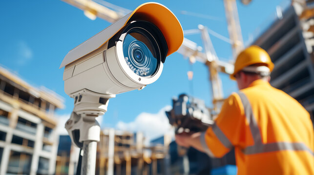 Close-up of a security camera monitoring a construction site, emphasizing the role of surveillance in ensuring safety and security on the job site