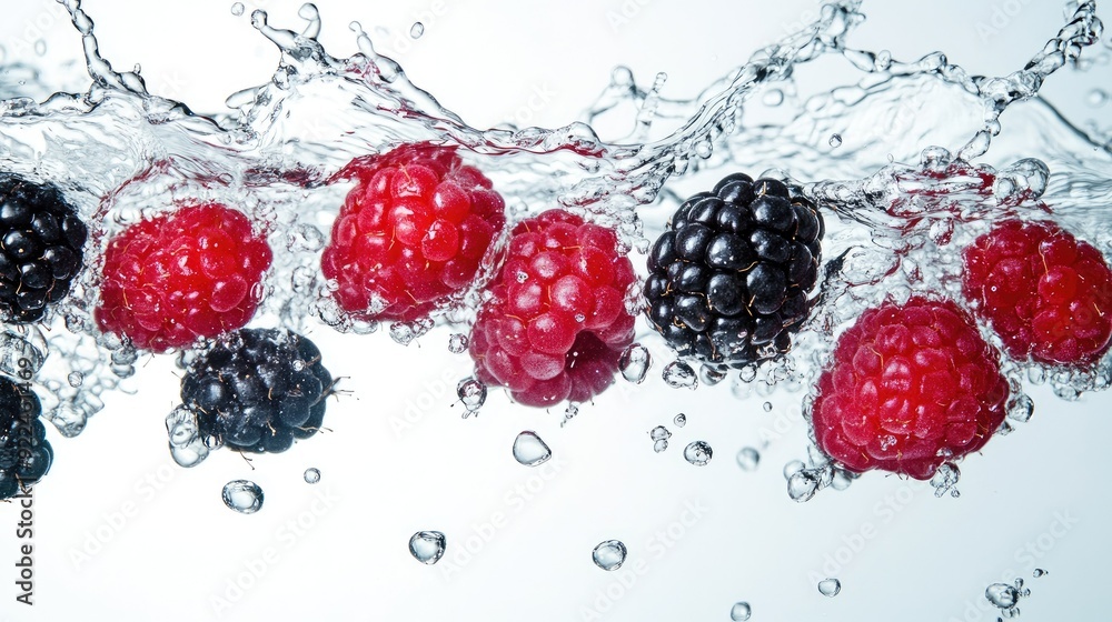 Poster raspberries and blackberries splashing in water from above. copy space on the right for text