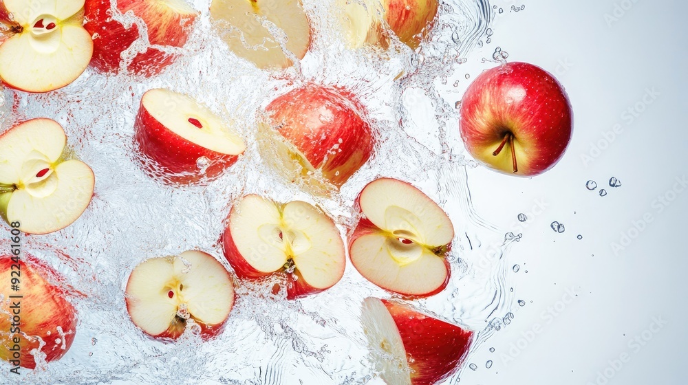Poster sliced apples splashing in water from a top view. ample space on the right for promotional text