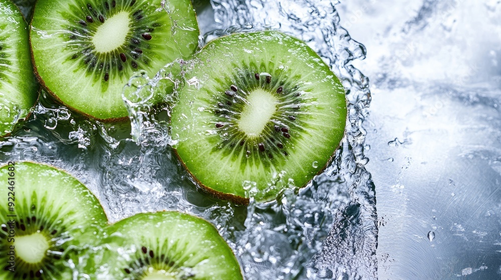 Poster sliced kiwis with water splashes, top view. ample copy space at the top for your message